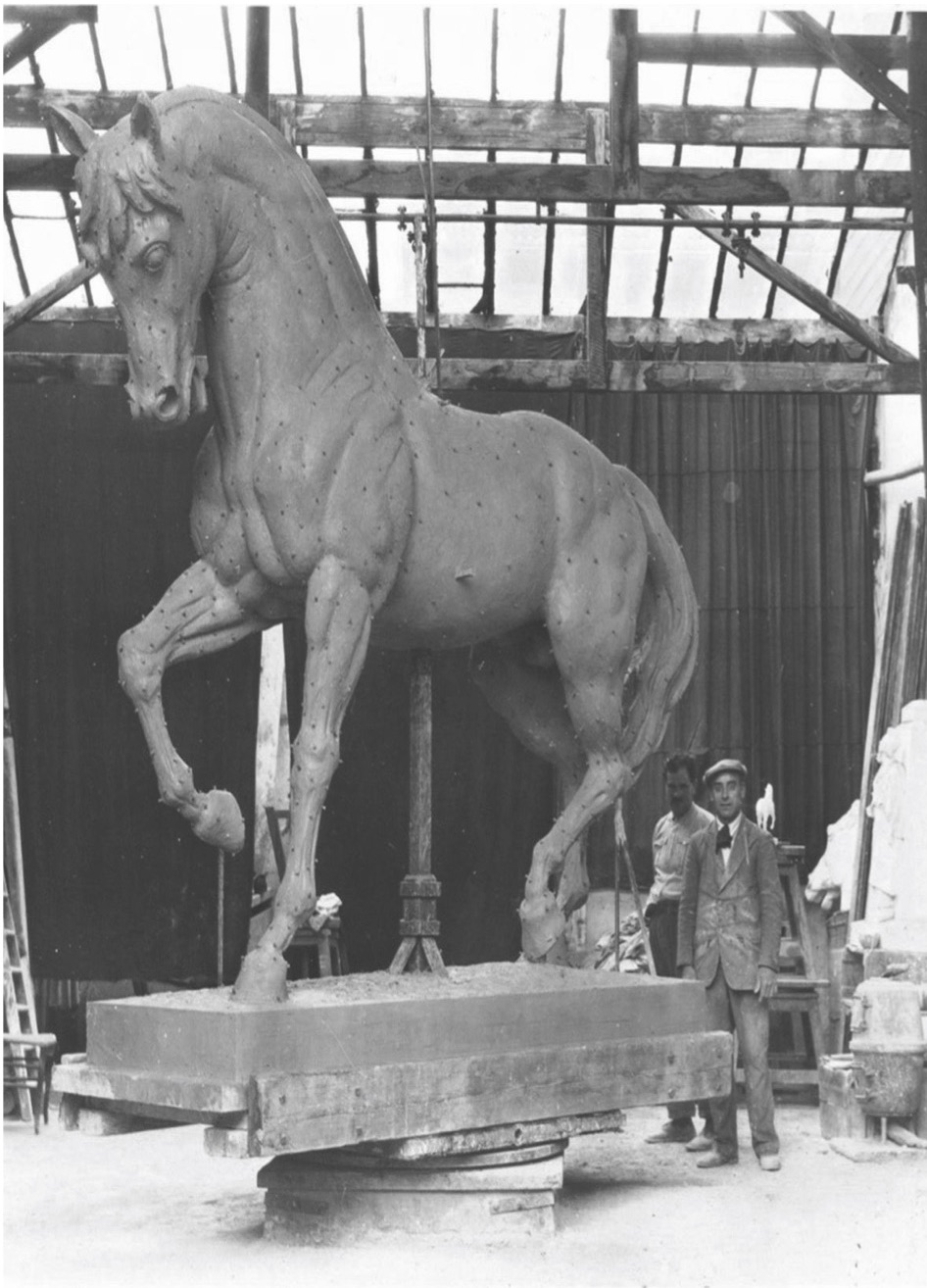 The horse of the Mohammed Ali’s statue in the studio of the sculptor Konstantinos Dimitriadis. Paris, c. 1932.